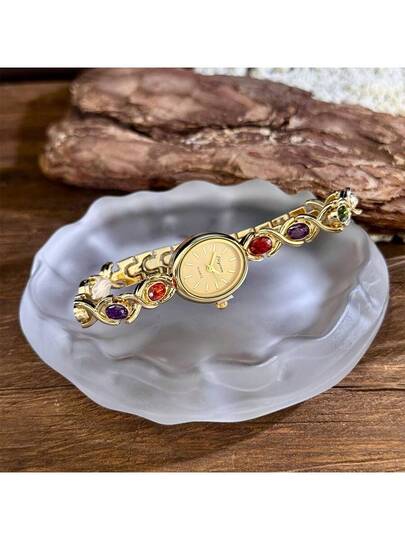 1pc Vintage Oval ful Gemstone Rainbow Stone Chain Dial Minimalist Luxe Quartz Watch, Elegante Lady Horloge