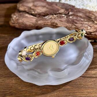 1 st damer vintage oval färgglad ädelsten regnbågssten kedjeurtavla minimalistisk lyxig kvartsklocka, elegant modedamklocka