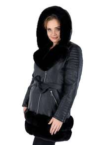 Veste  pour femmes, manteau moto blouson, doublure en sherpa - Noir - View 2