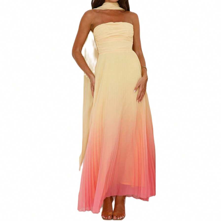 Women Long Dress Gradient Color Pleated Tube Dress Summer Backless Casual Strapless Maxi Dress With Choker Scarf - 彩色 - 查看 1