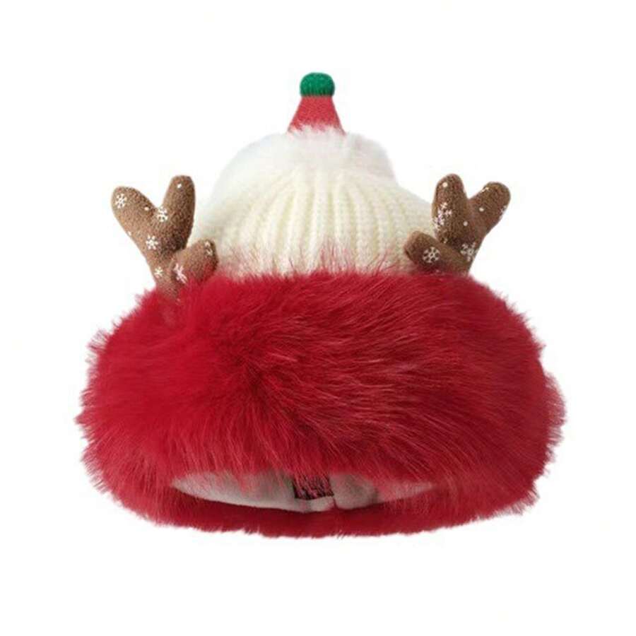 Gorros de Navidad para adultos, gorros de invierno cálidos con borde de piel sintética, gorras de cráneo, sombreros de punto con cuernos para exterior - Blanco - Ver 1