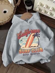 Tween Boy 2pcs Summer Beach Surfboard Print Hoodies+Summer Beach Surfboard Print Pants Suit Autumn Winter Collection - Grey - View 3
