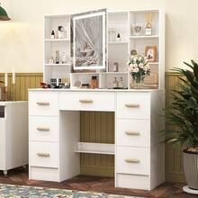 Tocador con tablero grande, 7 cajones, espejo iluminado y armarios potentes, tocador de dormitorio para adolescentes - Perfect For Organizing Makeup, Skincare, Elegant Vanity|Decorative Vanity, Vanity Furniture, Compact For Small Space, Bedroom Decor Gift, Perfect Gift For Women Girls , Ideal para regalos de Navidad y Halloween. - Blanco - Ver 3