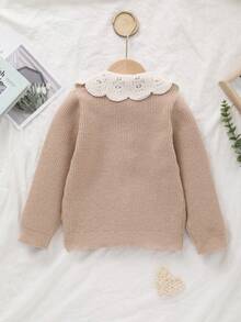 Tween Girl Knitted Embroidered Floral Decor Long Sleeve Cute Cardigan - Màu Khaki - Xem 2