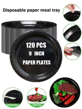 120/60/12pcs, Black Paper Plate, 9-Inch (Approximately 22.9 Cm) Paper Plate, Black Disposable Plate, Black Paper Dining Plate, Party Plate, Black Disposable Paper Plate, Suitable For Parties, Birthdays, Weddings, Holidays, Picnics, Travel Sets