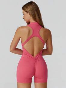 MASKERT Mono de yoga para mujer, mono deportivo de manga corta para ejercicio, de secado rápido y alta elasticidad - Rosado Sandía - Ver 5