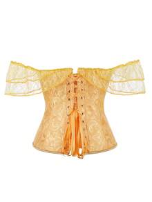 女式露肩提花褶饰腰部蕾丝吊带紧身胸衣上衣，适合新年派对、情人节、节日上衣、万圣节服装，复古 - 金色 - 查看 3