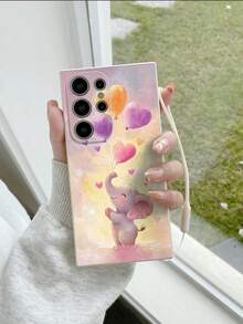 1 pieza Funda de teléfono a prueba de golpes con patrón de elefante y conejo de dibujos animados de TPU blanco y 1 pieza Correa de cordón de silicona blanco, compatible con teléfonos Apple/Android - Multicolor - Ver 4