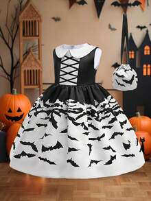 Young Girls Bat Pattern Black & White Contrast Halloween Party Princess Dress, Comes With Bag (Excluding Hair Accessories, Fabric Pattern Random) - Black and White - View 3