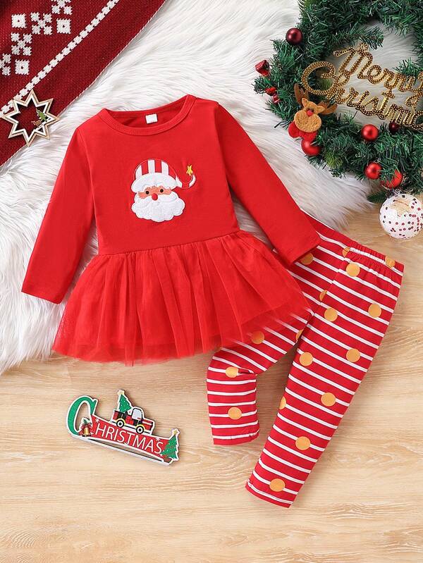 2pcs Girls Christmas Party Outfit, Santa Claus Graphic Long Sleeve Dress Top + Striped Pants Set