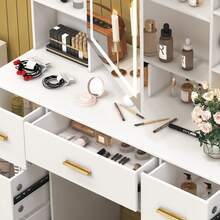 Tocador con tablero grande, 7 cajones, espejo iluminado y armarios potentes, tocador de dormitorio para adolescentes - Perfect For Organizing Makeup, Skincare, Elegant Vanity|Decorative Vanity, Vanity Furniture, Compact For Small Space, Bedroom Decor Gift, Perfect Gift For Women Girls , Ideal para regalos de Navidad y Halloween. - Blanco - Ver 9