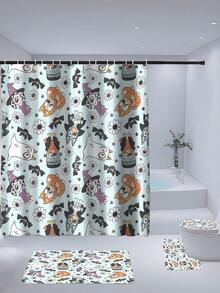 [Holiday Edition] 1/3/4pcs Bluey Family Cosplay Shower Curtain Set, Featuring Christmas Tree, Halloween Turkey Plaid Witch Hat, Bat Prints