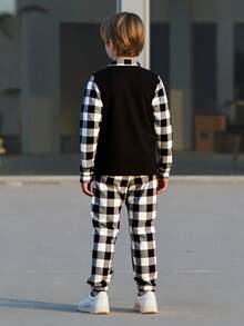 2 件套青少年男孩格纹 POLO 衫和松紧袖口裤休闲装，春/秋/冬 - 黑與白 - 查看 3