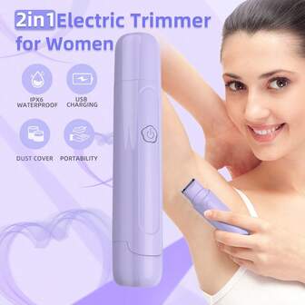 1 pieza Afeitadora eléctrica, Afeitadora eléctrica dual 2 en 1 de color púrpura, Recortadora de bikini, Depiladora para mujeres con cabezal desmontable, Diseño resistente al agua para uso en seco y húmedo, Máquina de afeitar recargable por USB, Capacidad de batería: 300mAh, Dispositivo de eliminación de vello, Dispositivo de eliminación de vello facial, Apto para cara, brazos, piernas y línea del bikini, Artículos de viaje