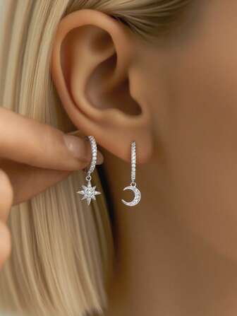 1 Pair 925 Sterling Silver Simple & Elegant Star & Moon Earrings, Versatile For Daily Wear And Party Decoration, Exquisite Gift For Women