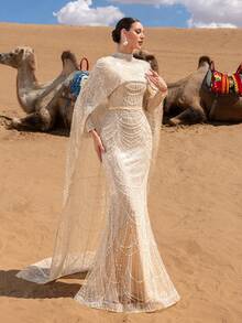 Faeriesty Valentine's Day Haute Glamour Luxe Two Pieces Sparkly Beaded Gown Set: Beaded Sequin Mermaid Gown & Fish Scale Beaded Cape, Long Sleeve Sheer Design With Cinched Waist - Elegant Bridal & Evening Wear Perfect For Weddings, Red Carpet Events, And Formal Galas For Women Birthday Outfit Clothes - Champagne - View 7