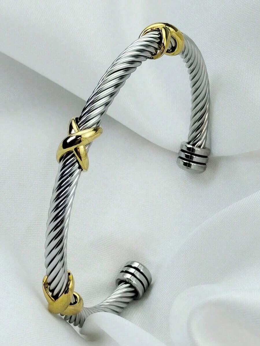 1pc Fashionable Minimalist Classic 5mm Stainless Steel Wire Cuff Bangle/Bracelet Women, With Open End, Suitable As Family, Friends, Couples, Party, And Festivals Valentines,Mom,Mother,Mother's Day,12XP - 彩色 - 查看 1