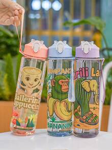 1pc 750ml/26oz Shan Hai Jing Themed Transparent Water Bottle - Leak-Proof Straw Lid, Portable Handle, Prominent Letter Print Design, Suitable For Hiking, Camping, Outdoor Sports, Cycling