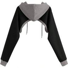 Women Crop Top Pullover Sweatshirt Long Sleeve Drawstring Hoodie - Black Brown-1 - View 2