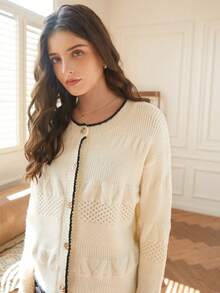Knit Mix Elegant Women's Autumn/Winter Fashion French Style Commuter Knit Round Neck Long Sleeve Top, Contrast Trim Loose Cardigan - Apricot - View 11