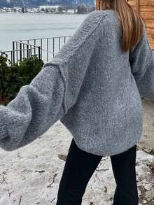 Women Casual Long Sleeve Fall Sweaters High Neck Solid Color Soft Ribbed Knitted Oversized Pullover Loose Fit Jumperih - Ash - View 2