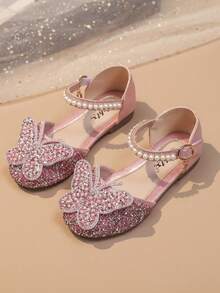 1 Pair Children's Silver Rhinestone Pearl Bow Decor Gilly PU Splice Round Toe Girls Flat Sandals, Suitable For Daily Wear, Dance, Outdoor, Festivals, Parties, Glitter Decor Closed Toe Princess Shoes, Suitable For Spring, Summer, Autumn