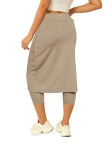 Fisoew Women Tennis Skorts With Pockets Golf Workout Skirted Leggings Yoga Capri Pants Summer Activewear Running Fitness Skirts - Màu Khaki - Xem 2