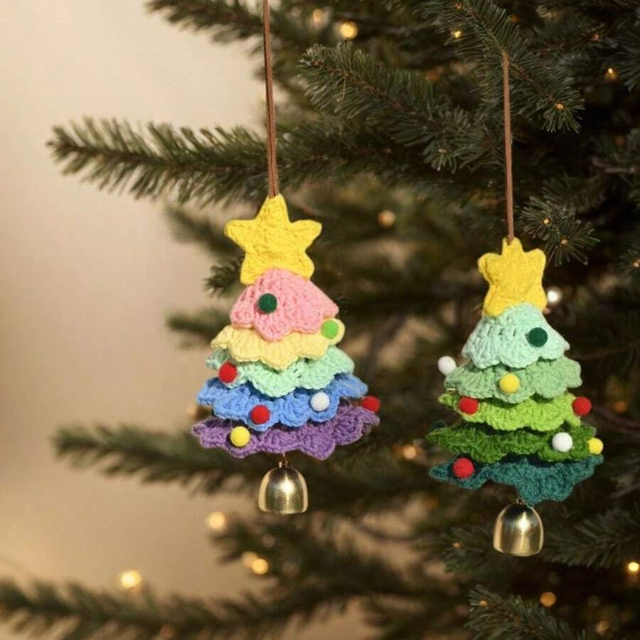 Hand-Crocheted Christmas Tree Wind Chimes, Adorned With Colorful Pom-Poms, Perfect For Hanging On Car Mirrors And As Cute Interior Decorations. A Festive Addition To Your Car, This Creative Christmas Gift Brings A Touch Of Elegance To Your Vehicle Home Decor Christmas Decorations Room Decor