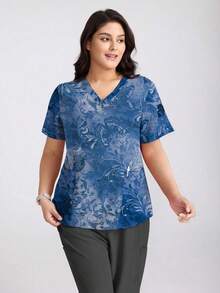 Women's V-Neck Loose Short Sleeve Butterfly Print Dual Pocket Scrubs Nurse Scrubs Workwear Dentist Healthcare Pet Hospital Laboratory Top - Multicolor - View 3