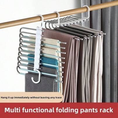 1個 省スペース 9段ハンガー、滑り止め ステンレス製 S字型 クローゼット収納ラック、レギンス&パンツフック付き、クローゼットアクセサリー | 安定したハンガー | 頑丈な金属製ハンガー、折りたたみパンツラック 滑り止め マルチ収納ハンガー