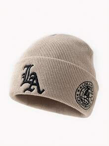 1pc Women's Fashion LA Letter 3D Embroidery Beanie Hat, Knitted Cap Suitable For Autumn/Winter Outdoor Warmth, Daily Wear