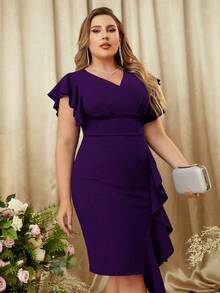Plus V Neck Flounce Sleeve Contrast Ruffle Hem Evening Party Bodycon Dress - 紫色 - 查看 6