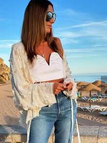 Women Sequin Wrap Tie Front Crochet Knitted Cardigan Y2K Sparkly Oversized Blouse Sheer Mesh Jacket Lace Up Glitter Coats For Concert Party Summer Beachwear Swimsuit Cover Ups - 白色 - 查看 6