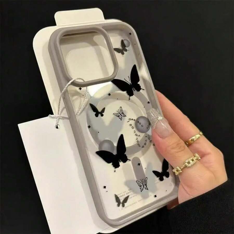 Estilo Vintage Funda de Teléfono de Pantalla Completa con Mariposa Negra para iPhone 16 15 Pro Max 14 14 Pro 13 13 PRO 12 12 Pro 11 PRO 15 Pro Max 15 Plus 16 Plus 16 Pro XS 13 MINI Funda de Teléfono Magnética de Cobertura Completa - Colores mixtos - Ver 1