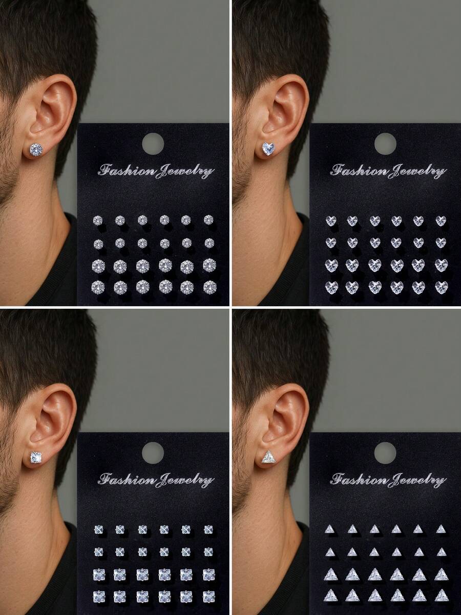 24-48pcs/Set Simple Punk Geometric Round, Square, Heart, Triangle, Five-Pointed Star Zirconia Earrings Suitable For Men, Suitable For Gorgeous Parties, Festivals, Vacations, Music Events, Couples, Gatherings, Dates, Gifts, Casual Wear
