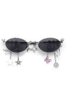 1pc Oval Shaped Metal Fashion Glasses, Luxurious Rhinestone Inlaid Butterfly Heart Star Pendant, Y2K Personalized Versatile Street Photography Women's Fashion Glasses - Multicolor - View 15