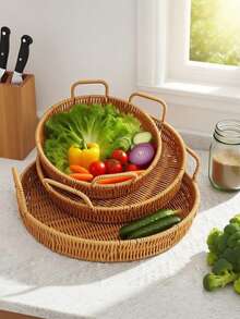 Hand-Woven Large/Medium/Small Rattan-Style Bread Basket, Japanese-Inspired Double-Handle Design - Extremely Practical! Perfect As A Living Room Tray For Bread, Mantou, Or As A Storage Basket. Both Beautiful And Functional, An Essential Household Item.