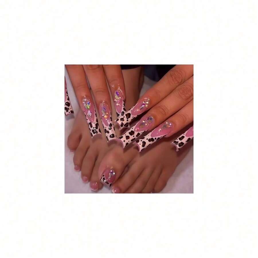 48Pcs Leopard French Tips Press On Nails Long Stiletto Fake Nails With Green Striped Design Zebra French Tips Press On Toenails Rhinestones False Toenails Short Square Fake Toenails For Women Manicure-363629 - FGH-22 - Xem 1