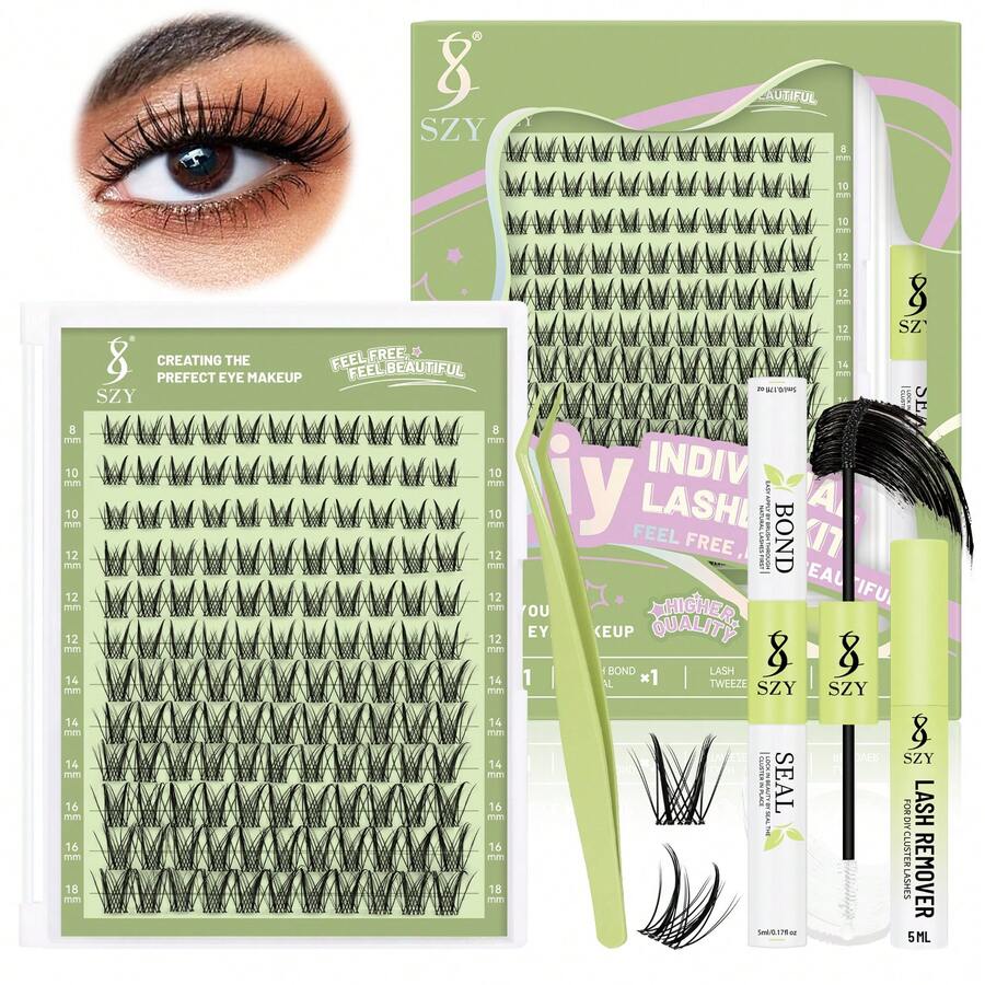 Lash Clusters Kit  Wispy Natural 8-18mm  Eyelashes Cluster Extension Kit  C Curl Spiky Lashes Individual  DIY False Lash Extension Kit With Lash Bond And Seal, Lash Remover Tweezer Thin Invisible Lash Band - 黑色 - 查看 1