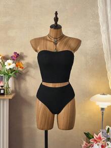 Bellisia Conjunto de biquíni feminino de verão, cor sólida, com faixa e parte de baixo franzidas, moda praia minimalista