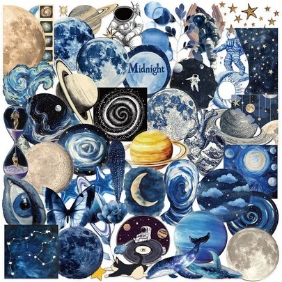 50张激光切割蓝色太空贴纸，趣味行星贴纸，可爱卡通蓝色贴纸，防水PET贴纸，适用于信封、水瓶、电脑、笔记本电脑、手机、行李箱、笔记本、冰箱等。