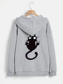 Cute Cat Pattern Printed Jacket, Women's Casual Hooded Jacket, Fashionable Hat Rope Hooded Jacket, Women's Comfortable Hooded Jacket, Casual Everyday Women's Jacket, Women's Clothing, Casual And Versatile,Jackets For Women,Cardigan Women,Long Sleeve Top,Long Sleeve Tops For Women,Autumn Outfits Women,Winter Clothes,Going Out Tops Women