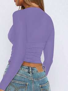 Fashionable Sexy V-Neck Tight Fit Long Sleeve Undershirt, Spring/Summer New Arrival - Violet Purple - View 3