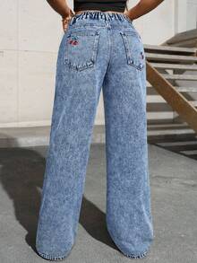 Elegant Cherry Embroidery Fashion Delicate Pocket Button Solid Color Pants, A Slightly Small Size Suitable For Spring, Summer, Autumn And Winter Daily Casual Outings, Commuting - Blue - View 3