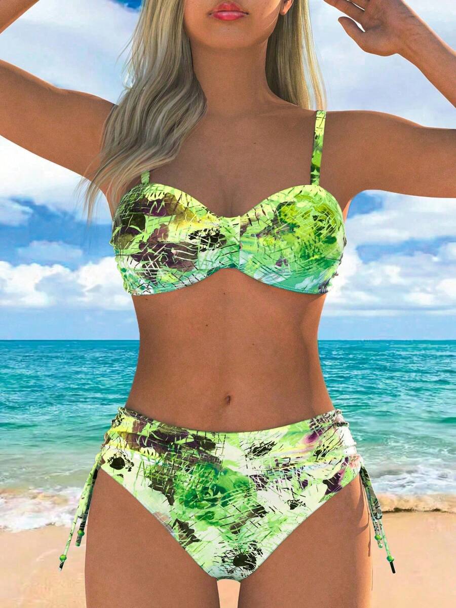 女士夏季海滩全印花花卉细肩带比基尼两件套比基尼套装 - 綠色 - 查看 1