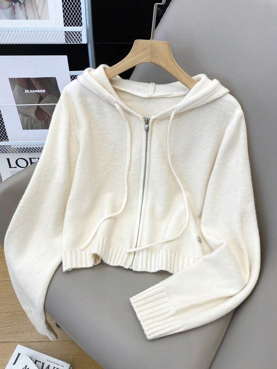 女士纯色休闲日常长袖拉链连帽衫，秋冬长袖上衣，造型技巧，适合日常穿着、居家和户外 - 白色 - 查看 1