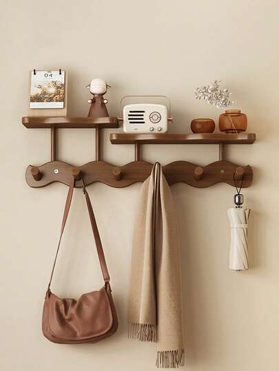 1pc Bamboo Wall Mounted Coat Rack - Multifunctional Entryway Storage Organizer With Hooks, Suitable For Hanging Towels, Jackets, Hats, Bags And Keys. Durable Bamboo Shelf With Storage Compartments, Space-Saving Modern Design. Applicable For Bathroom, Bedroom, Entryway And Hallway. Natural Tone, Great Home Decor. Essential For Home Organization.