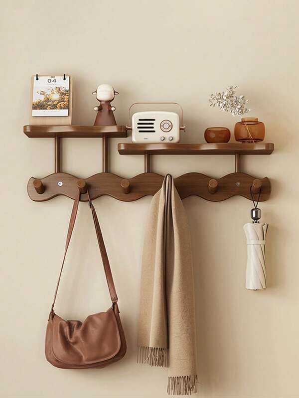 1pc Bamboo Wall-Mounted Coat Rack - Multifunctional Entryway Storage Rack With Hooks For Hanging Towels, Coats, Hats, Bags, And Keys. Durable Bamboo Shelves With Storage Compartments For Space-Saving Modern Design. Suitable For Bathrooms, Bedrooms, Entrances, And Halls. Home Decor With Natural Tones. A Must-Have For Home Organization.
