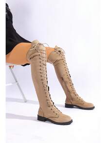 2025 New Fashion Women's Lace-Up Over-The-Knee Boots, Sexy Western Style Warm Over-The-Knee Boots, Lace-Up Slim Fit Black Party Boots - Khaki - View 3