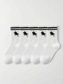 1/5 Pairs Unisex Classic Striped Equestrian Mid-Calf Socks, Breathable Casual Everyday Wear, Fall - White - View 4